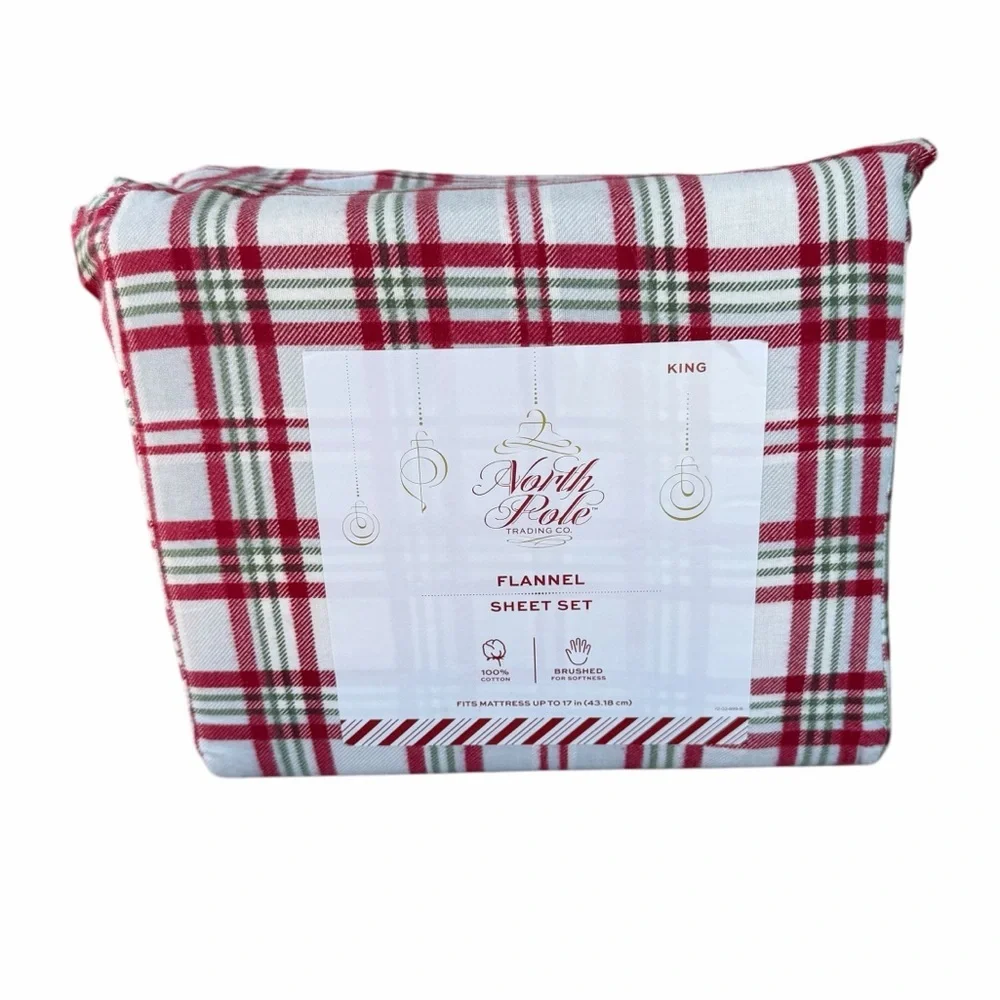 Holiday Plaid Christmas 4-Piece King Flannel Sheet Set North Pole Trading Co NWT
